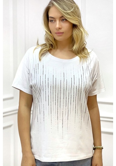 Rich Glam Bol Kesim Bisiklet Yaka Büyük Beden Crystal Taşlı Kadın T-shirt Beyaz