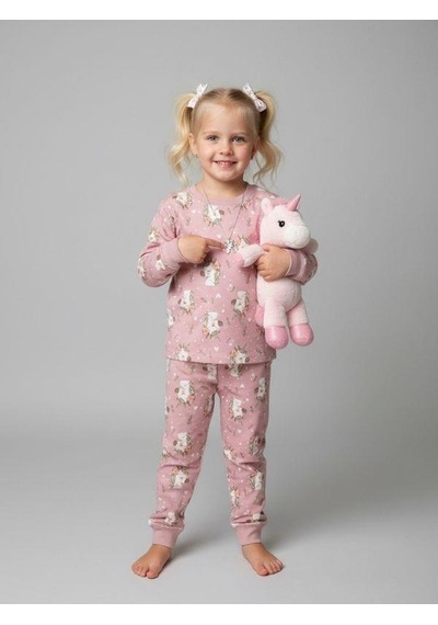 Kız Çocuk Pamuklu Baskılı Pijama Takımı-16834 Mor