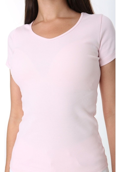 Rooted-kadın Basic V Yaka T-shirt ,fitilli Kaşkorse Kumaş Bluz Pembe