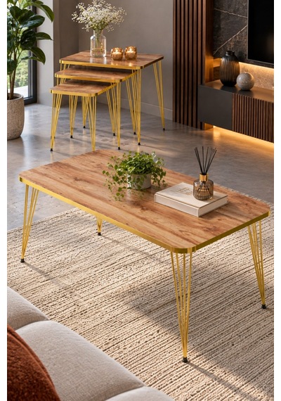 Sulorahome Ceviz Desenli Gold Metal Ayaklı 4'lü Sehpa Seti Ceviz - Altın