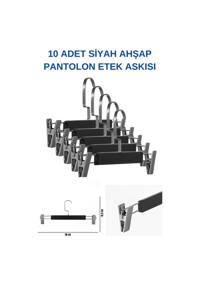 A Kalite 10 Adet Lamine Siyah Ahşap Mandallı Pantolon Askısı Etek Siyah