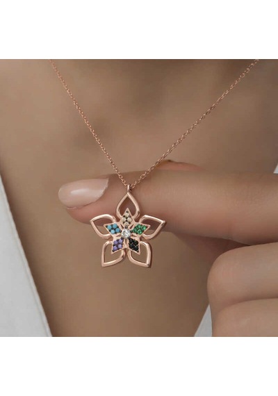 Gümüş Rose Renkli Taşlı Çiçek Kadın Kolye