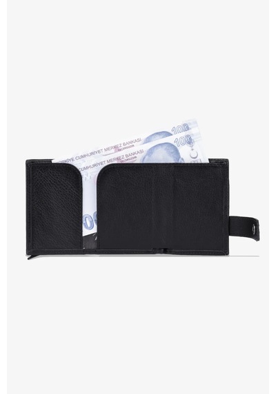 Getto Deri Moon Mekanizmalı Hakiki Deri Minimal Kişiye Özel İsim Baskılı Kartlık SİYAH
