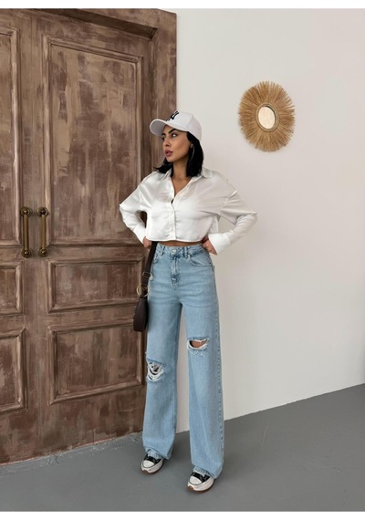 Kadın Wide-leg Lazerli Yüksek Bel Geniş Paça Kot Pantolon Açık Mavi Mavi+açık