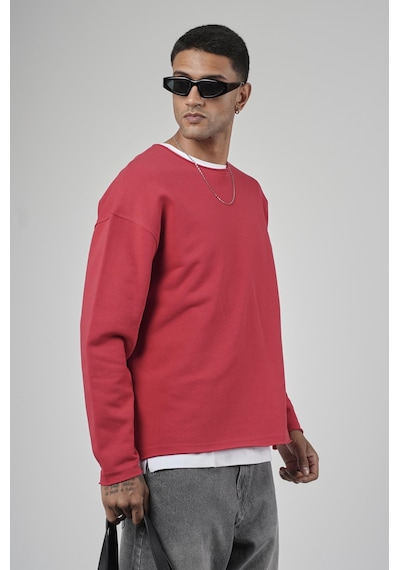 Pis Yaka Oversize Kesim Erkek Düz Sweatshirt Kırmızı