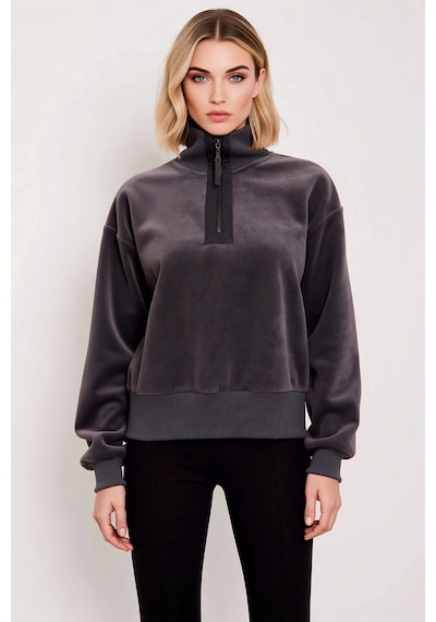 Benerly Kadın Dik Yaka Düşük Kol Fermuar Detaylı Polar Sweatshirt Fonksiy Antrasit