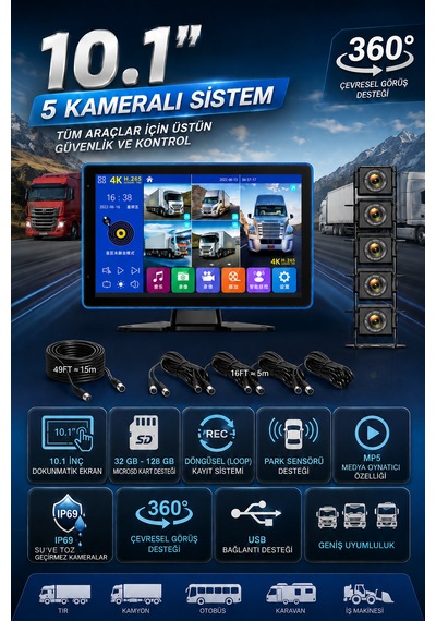 5 Kameralı 4k Dokunmatik Ekranlı Mp5 Kamyon Tır Otobüs İçin Uygun Araç Monitör Seti