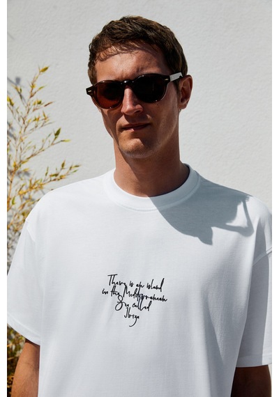 Grımelange ITALIA Erkek %100 Organik Pamuk Ön Arka Baskı Detaylı Oversize Kısa Kol Beyaz T-Shirt