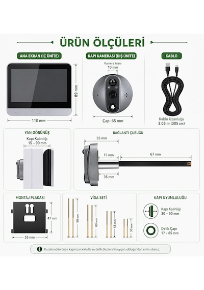 Wifi Akıllı Kapı Kamerası 4.3" Ekran 1080p Hd Görüntülü Kapı Dürbünü Pır Sensörlü
