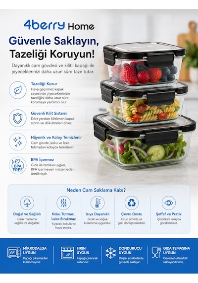 İnoks Kapaklı 4 Lü Cam Saklama Kabı Seti Kahvaltılık & Çok Amaçlı 520 Ml Şeffaf