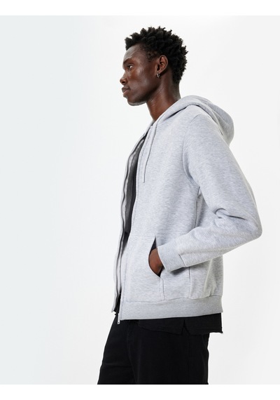 Koton Fermuarlı Sweatshirt Kapşonlu Cep Detaylı Pamuk Karışımlı Gri 5wam70016mk Gri