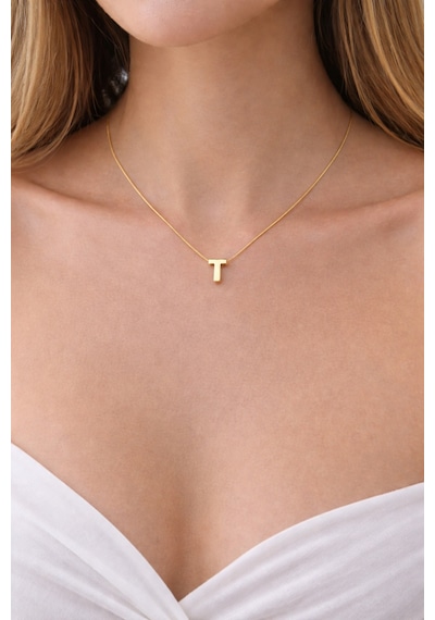 14k Altın Renginde T Harf Minimal Model Çelik Kadın Kolye Altın