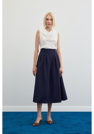 Sateen Pileli Midi Etek - Lacivert-136480 Lacivert
