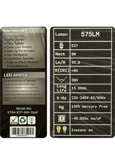 6 Adet Heka 6w 46w 3000k Sarı Işık E27 Duylu Soft Led St64 Filament Ampul Heka