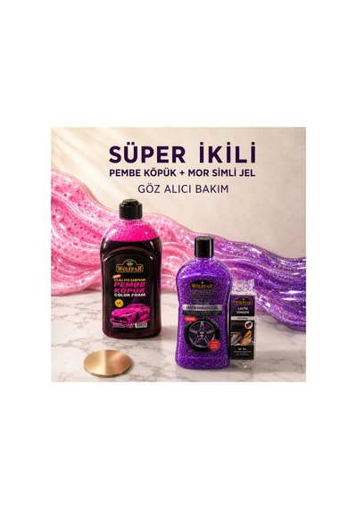 Süper İkili Pembe Köpük Oto Şampuanı + Mor Simli Lastik Parlatıcı Jel Ve Lastik Süngeri Seti