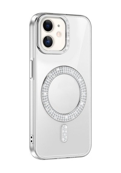 Apple Uyumlu iPhone 11 Kılıf Pırlanta Taş Tasarımlı M-safe Şarj Özellikli Karetta Silikon Kılıf Gümüş