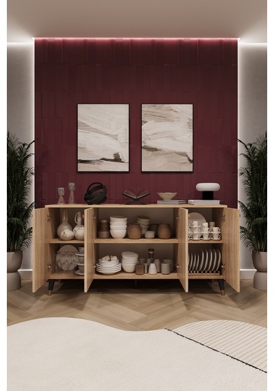 Asra Trend 4 Kapaklı Konsol KNSL01 %100 MDF Metal Ayaklı Çok Amaçlı Dolap Sonoma