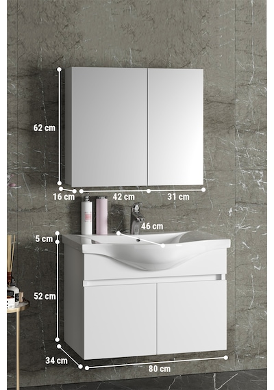 Yıldız 80 Cm Beyaz Mdf Seramik Lavabolu Asma Banyo Dolabı Takımı Beyaz