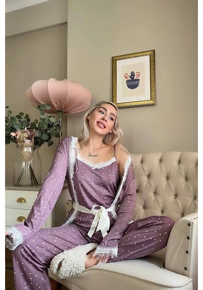 Dgestivaa Kadın 3'lü Pijama Takımı Mor Beyaz