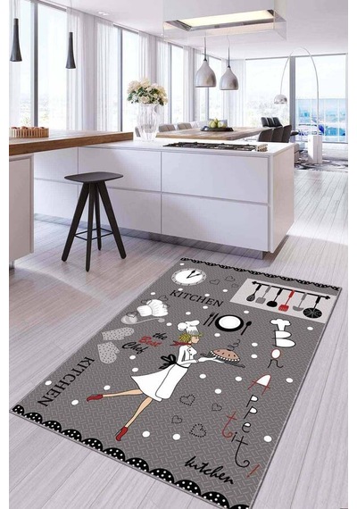 Gri Kaymaz Tabanlı Yıkanan Aşçı Desenli Mutfak Halısı Ar907n11