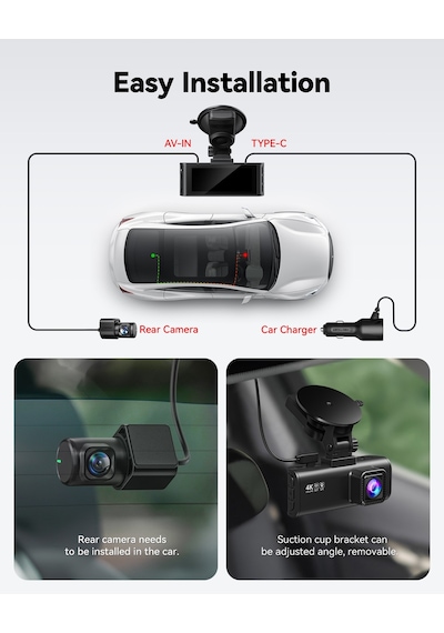 Bagajon 4k Ön Kamera + 1080p Arka Araç Kamerası 24 Saat Kayıt + Park Modu + Kayıt Kiti