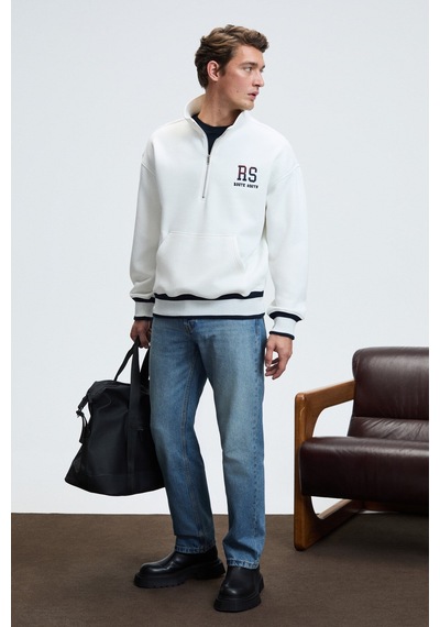 Grimelange PLATA Erkek Yarım Fermuarlı Kanguru Cepli Etek Ve Kolda Triko Detay Relaxed Fit Ekru Sweatshirt