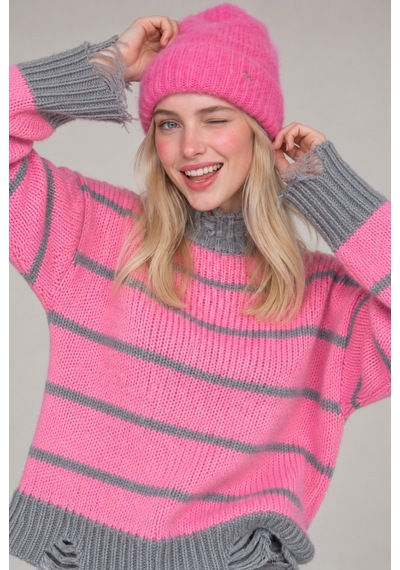 Neden Tekstil Kadın Premium Çizgili Yırtık Detaylı Oversize Triko Kazak - Pembe