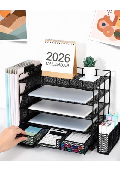 Temel Siyah Metal Mesh 4 Katlı Masaüstü Organizer Dosyalık Çekmeceli Kalemlikli 34.5x22x30 Cm 9209