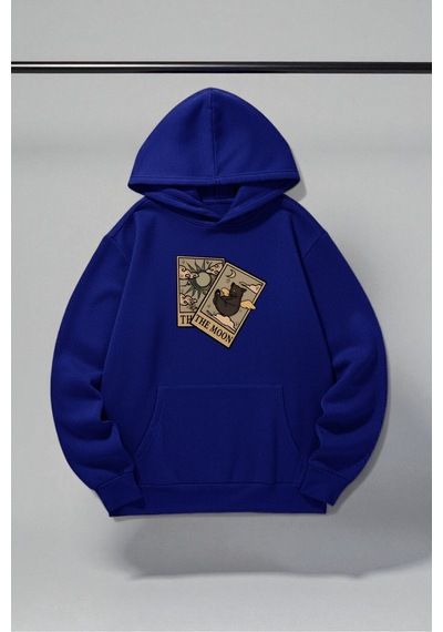 Uyguntarz Unisex The Moon Tarot Kart Tasarım Baskılı Kapüşonlu Sweatshirt Saks Mavi