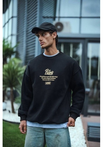 Yake Store Kışlık Bisiklet Yaka Ön Ve Arka Baskılı Sweatshirt - Siyah - Siyah