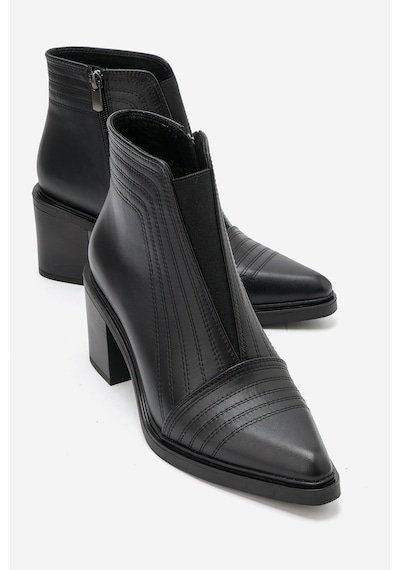 Luvi Shoes Lemma Siyah Cilt Hakiki Deri Lastik Detaylı Kadın Kalın Topuklu Bot