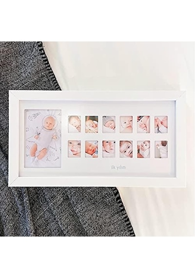 İlk Yılım Fotoğraf Anı Çerçevesi - Dekoratif Bebek Odası 12 Aylık Resim Hatıra Çerçevesi Açık Gri