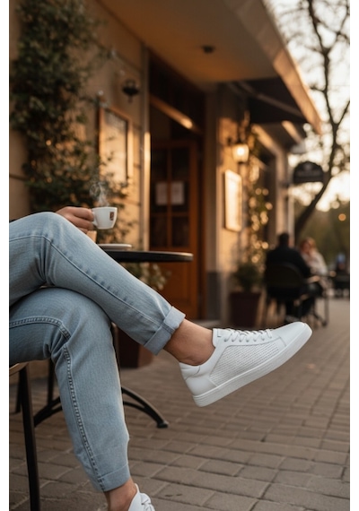 Enoch Hakiki Deri Lazer Delikli Erkek Sneaker Ortopedik Taban Beyaz