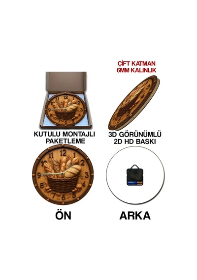 Ekmek Sepeti Mdf Duvar Saati Çift Katmanlı Sessiz Mekanizmalı 3d Görünümlü 33 Cm Sdw153 Renkli