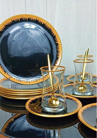 Elta Collection 6 Kişilik 24 Parça Pinkmore Siyah-gold Pasta Çay Saati Seti Siyah