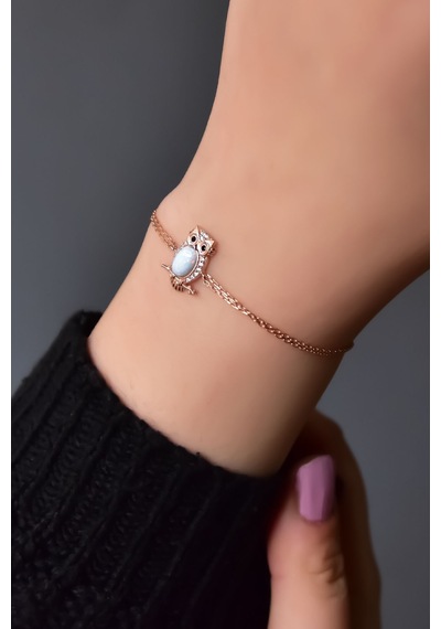 Papatya Silver 925 Ayar Gümüş Rose Kaplama Beyaz Opal Baykuş Bileklik