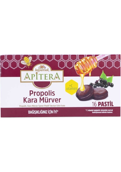 Apitera Doğal Bal, Kara Mürver, Zerdeçal, C Vitamini Ve Propolis İçeren Takviye Edici 16 Lı Boğaz Pastili