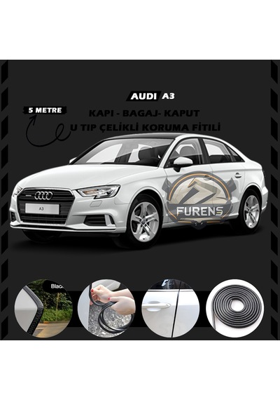 Audi A3 Oto Araç Kapı Koruma Fitili 5 Metre Parlak Siyah Renk