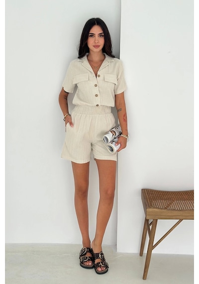 Asprin Fashion Beli Lastikli Şort Gömlek Takım Bej