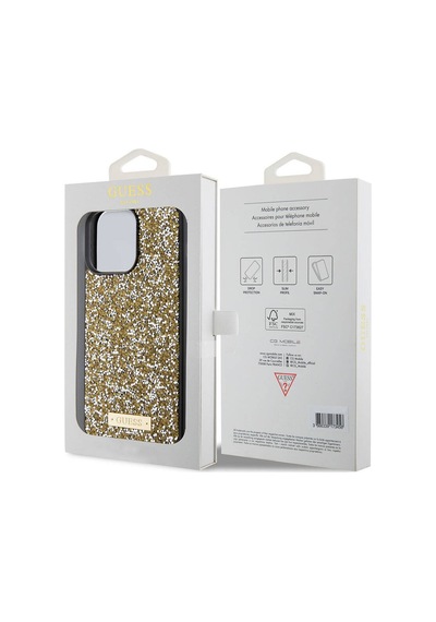Apple Uyumlu iPhone 15 Pro Max Kılıf Guess Lisanslı Taşlı Arka Yüzey Metal Yazı Logolu Kapak Siyah