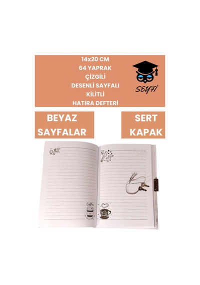 14x20 Cm 64 Yaprak Çizgili Desenli Sayfalı Kilitli Hatıra Defteri Günlük Kahve Seri Coffee Notebook Kahve-5
