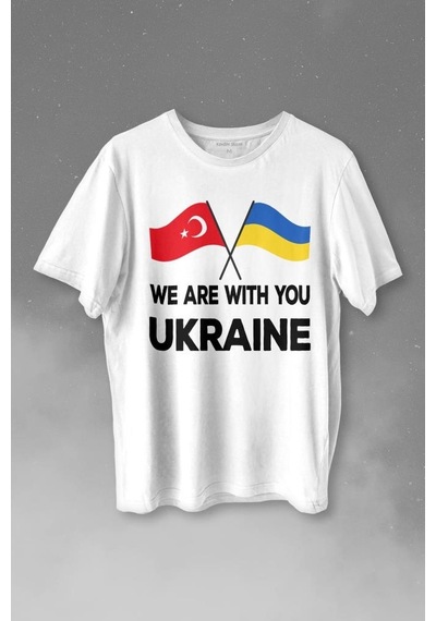 We Are With You Ukraine Ukrayna Türkiye Dostluk Beyaz Baskılı Tişört Unisex T-shirt 001 We Are With You Ukraine Ukrayna Türkiye Dostluk Beyaz Baskılı Tişört Unisex T-shirt 001