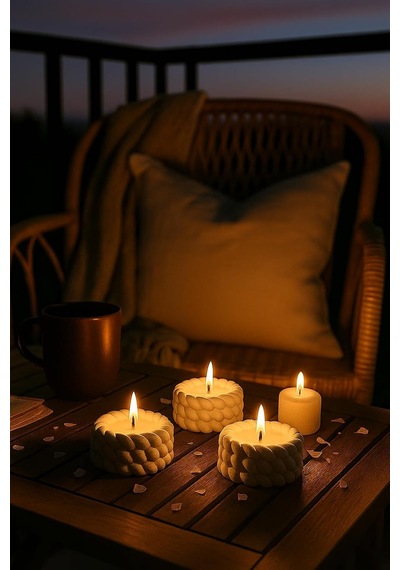 Tr Örgü Desenli 3'lü El Yapımı Mumluk Seti Tealight Uyumlu Modern & Doğal Dekoratif Aksesuar + Tealight Mum He Diğer