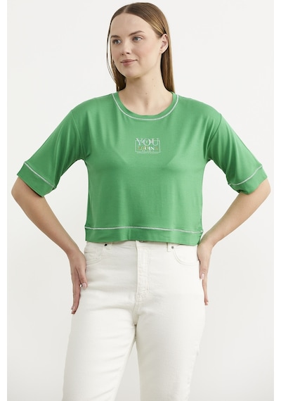 Sim Detaylı Oversize Crop Tişört - Yeşil Çok Renkli
