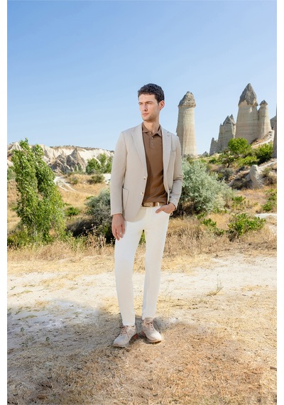 Morven Erkek Bej Örme Slim Fit Torba Cep Mono Yaka Spor Ceket 24ms002021653 Bej