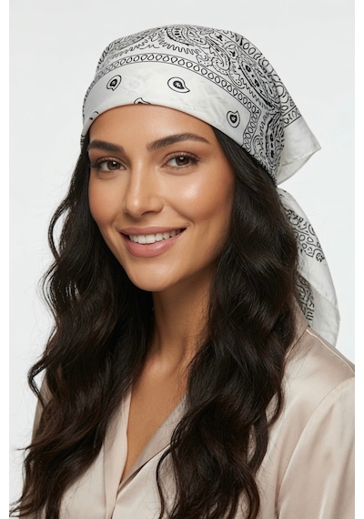 Mollycrush Unisex Beyaz Şal Desenli Fular Günlük Saç Aksesuarı, Boyunluk Ve Outdoor Bandana Beyaz