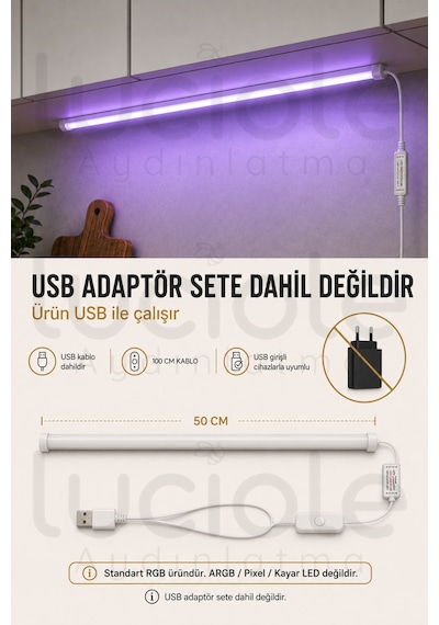 50 Cm Rgb Led Bar Rf Kumandalı Usb Renk Değiştiren Yapışkanlı Gaming Masa Dolap Raf Aydınlatma