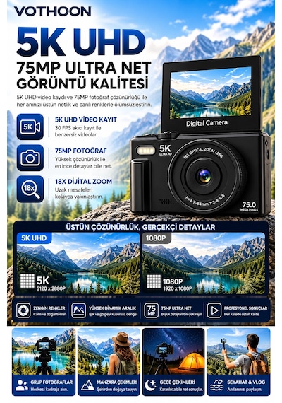 5k 75mp 18x Zoom Flaşlı 3 Flip Ekranlı Türkçe 32gb Kart Dijital Vlog Fotoğraf Makinesi Lens Hediyeli