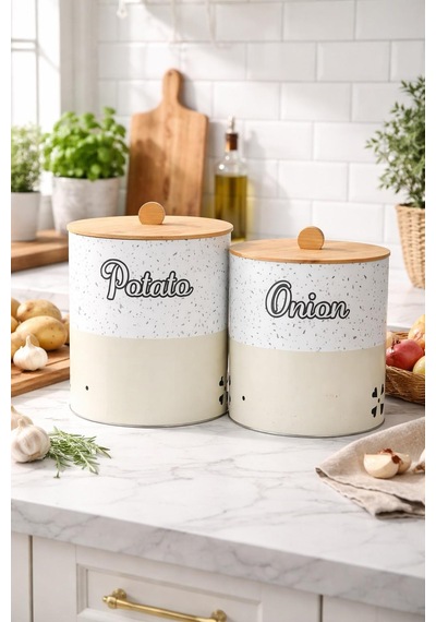Bambu Kapaklı Metal Patates Soğanlık Krem Taş Desenli Decorev Dc 7099 Krem