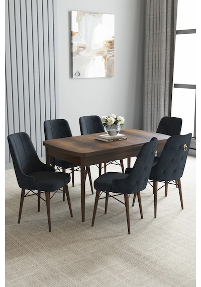 Zümra Serisi, Barok Ahşap Desen 80x132 Açılabilir Mdf Mutfak Masası Takımı 6 Adet Sandalye, Antrasit Zümra Serisi, Barok Ahşap Desen 80x132 Açılabilir Mdf Mutfak Masası Takımı 6 Adet Sandalye, Antrasit